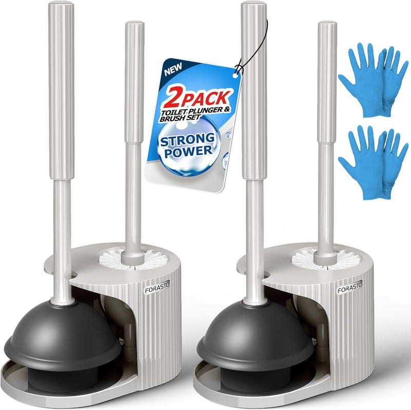 FORASTO 2Pack 2 in 1 Toilet Brush and Plunger Set, Extended Handle Plunger，Toilet Bowl Brush Plunger Set,Bathroom Cleaning Tools ，Toilet Brush Plunger Combo，Cleaning Supplies（Cream Grey） - Image 1
